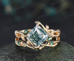 Vintage Princess cut moss agate ring set leaf marquise moss agate infinity ring branch emerald wedding band bridal set