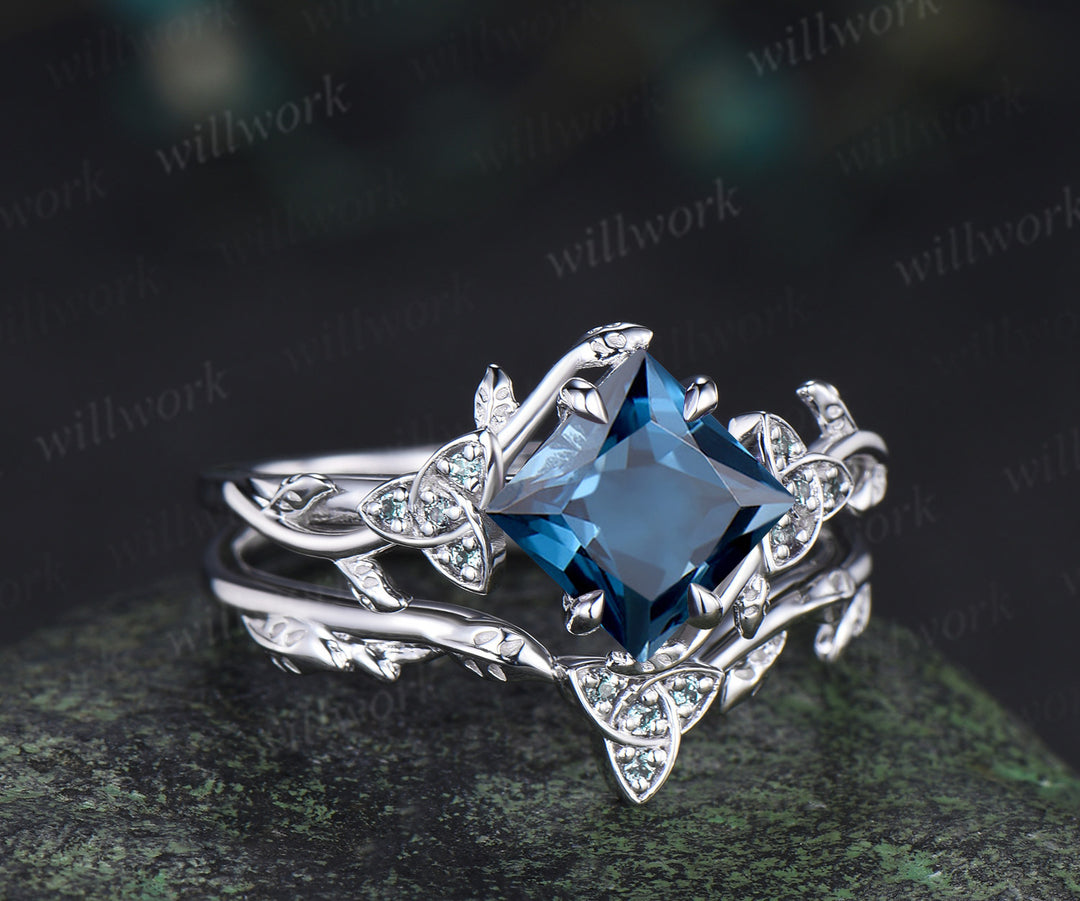 Princess cut London blue topaz engagement ring set art deco alexandrite celtic knot leaf twig ring unique bridal set