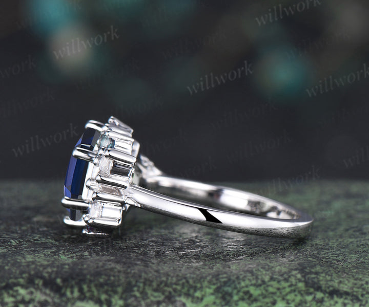 Hexagon cut blue sapphire engagement ring unique cluster alexandrite marquise moissanite bridal wedding ring