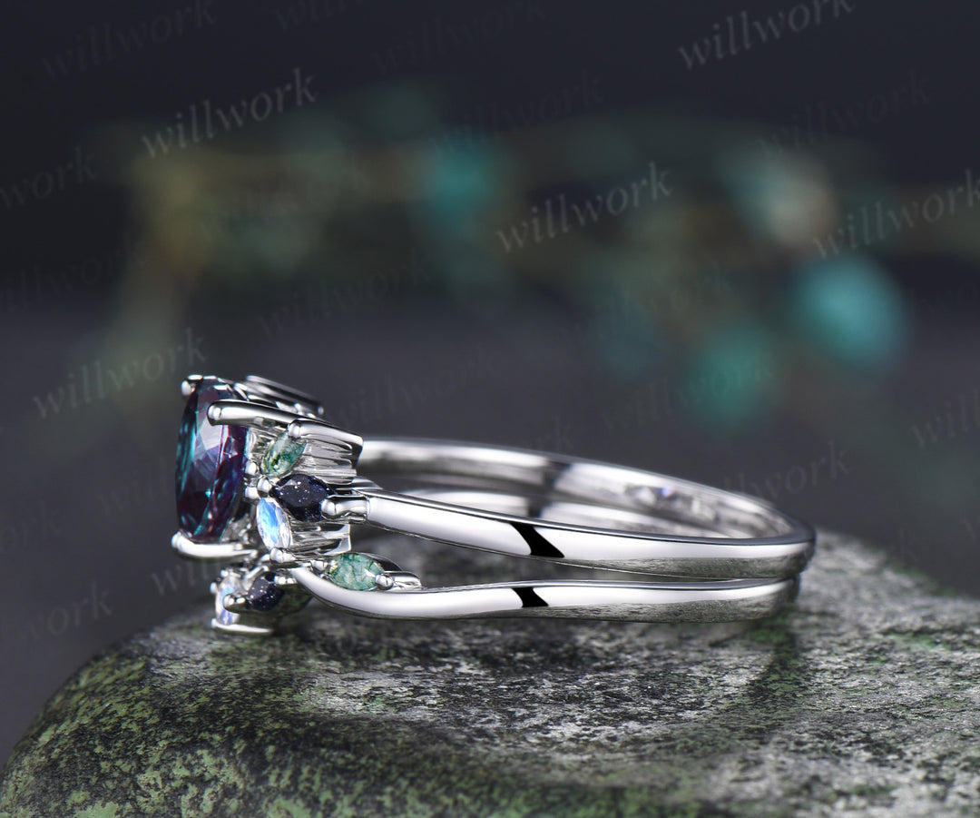 Heart shaped alexandrite ring set vintage blue sandstone moss agate moonstone cluster ring curved matching band bridal set