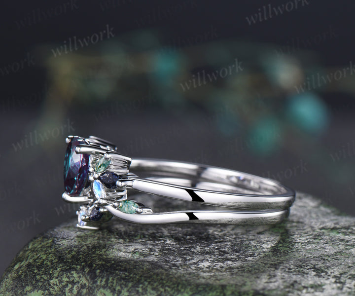 Heart shaped alexandrite ring set vintage blue sandstone moss agate moonstone cluster ring curved matching band bridal set