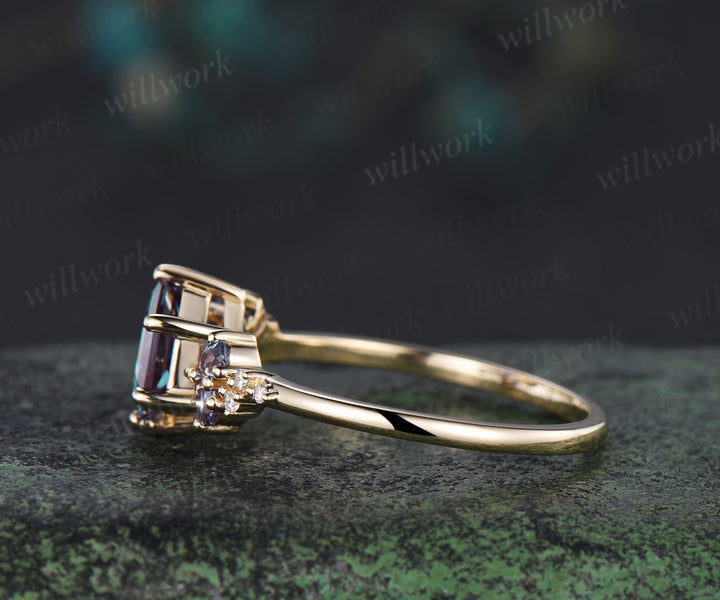 Hexagon cut alexandrite engagement ring unique pear alexandrite moissanite cluster ring solid yellow gold promise ring for women