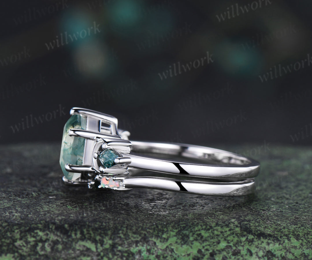 Hexagon cut moss agate engagement ring set three-stone art deco kite moss agate ring opal open gap wedding band