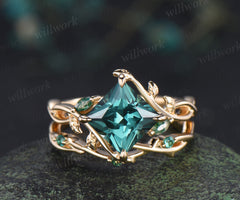 Vintage Princess cut green sapphire ring set leaf marquise moss agate infinity ring branch emerald wedding band
