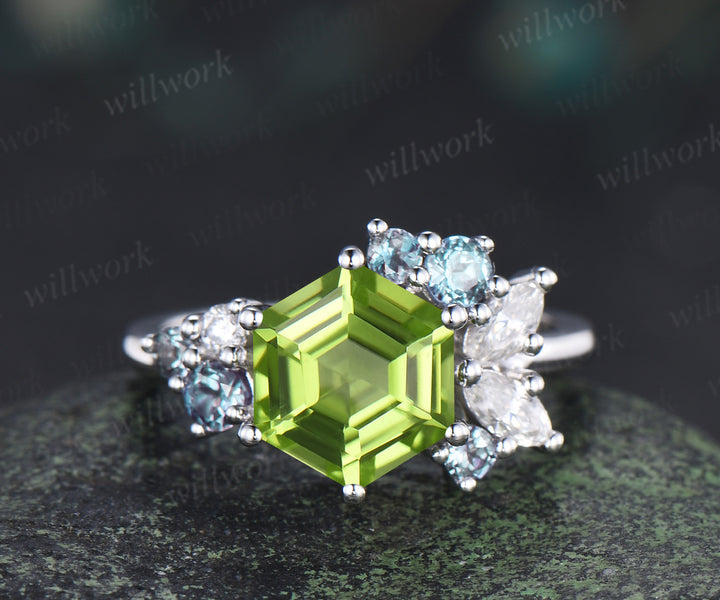 Hexagon cut peridot engagement ring cluster alexandrite marquise moissanite bridal ring gifts for women