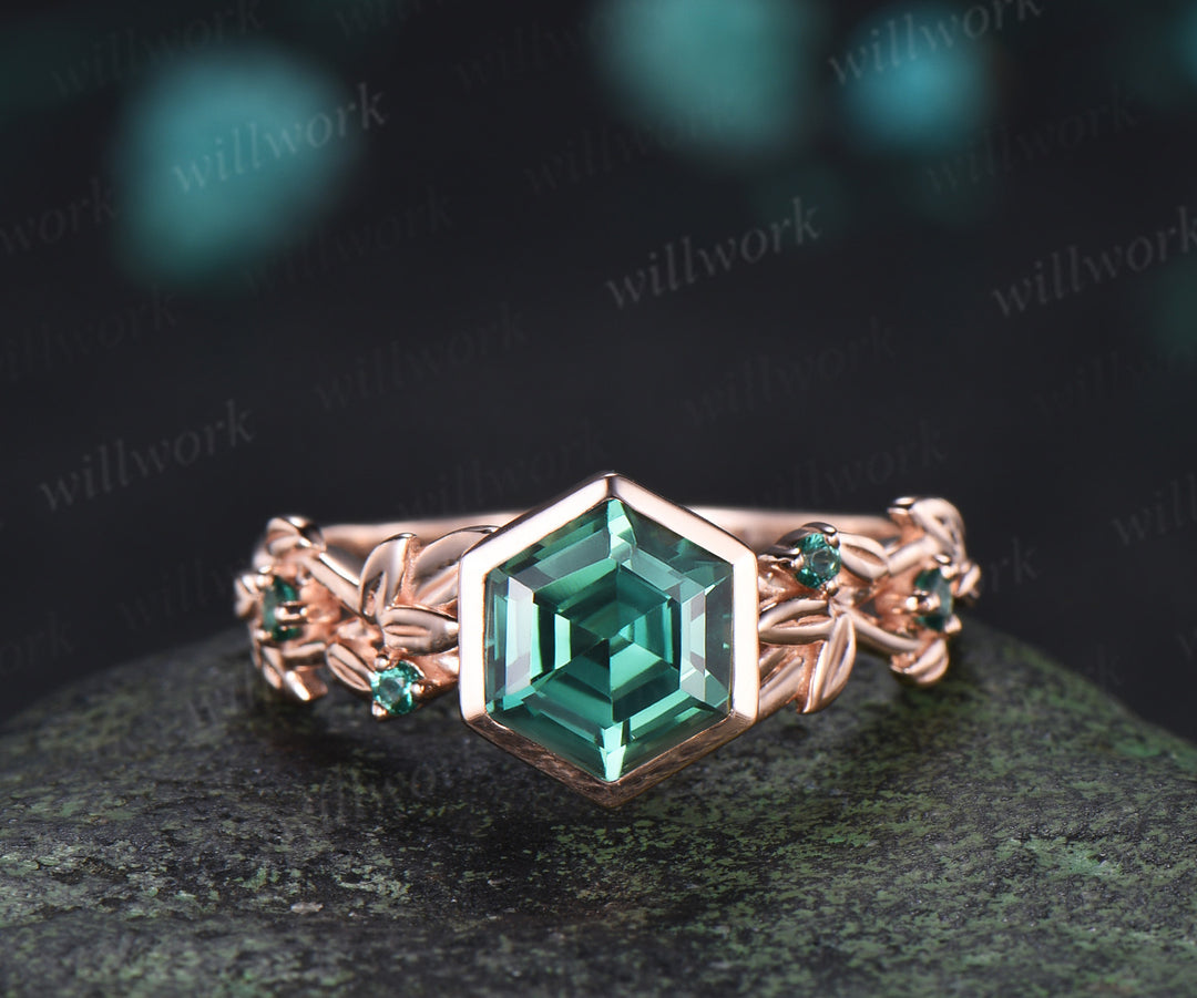 Hexagon cut green sapphire ring set leaf twig emerald promise ring tiny bee curved band unique bridal set