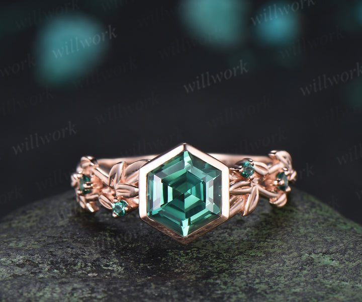Hexagon cut green sapphire ring set leaf twig emerald promise ring tiny bee curved band unique bridal set