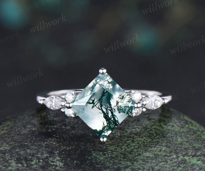 Princess cut natural moss agate engagement ring set moissanite accent leaf matching band unique bridal set