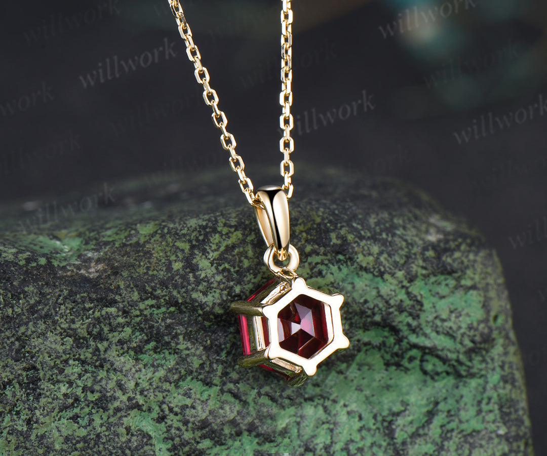 Unique hexagon ruby necklace minimalism red ruby pendant necklace July birthstone gifts for her