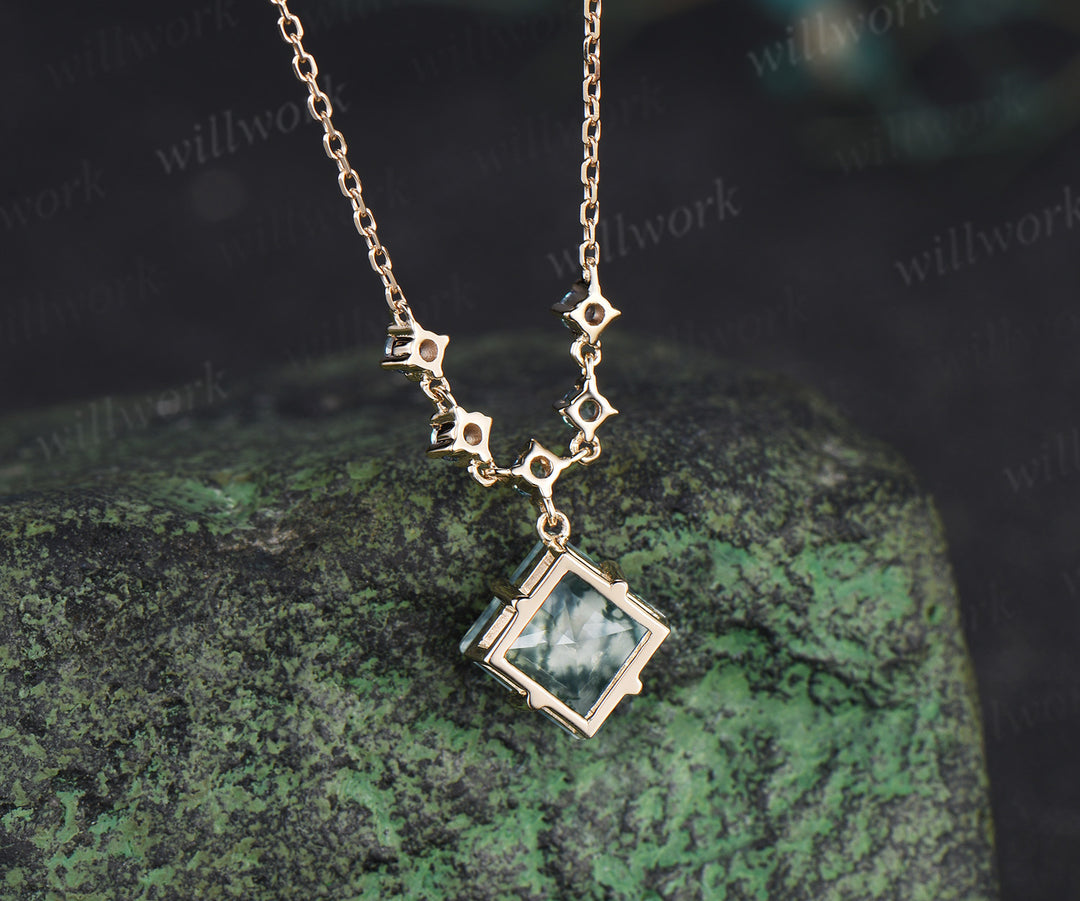 Princess cut moss agate necklace with alexandrite accents unique green gemstone pendant gifts