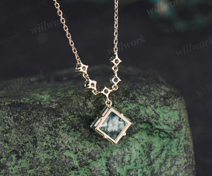 Princess cut moss agate necklace with alexandrite accents unique green gemstone pendant gifts