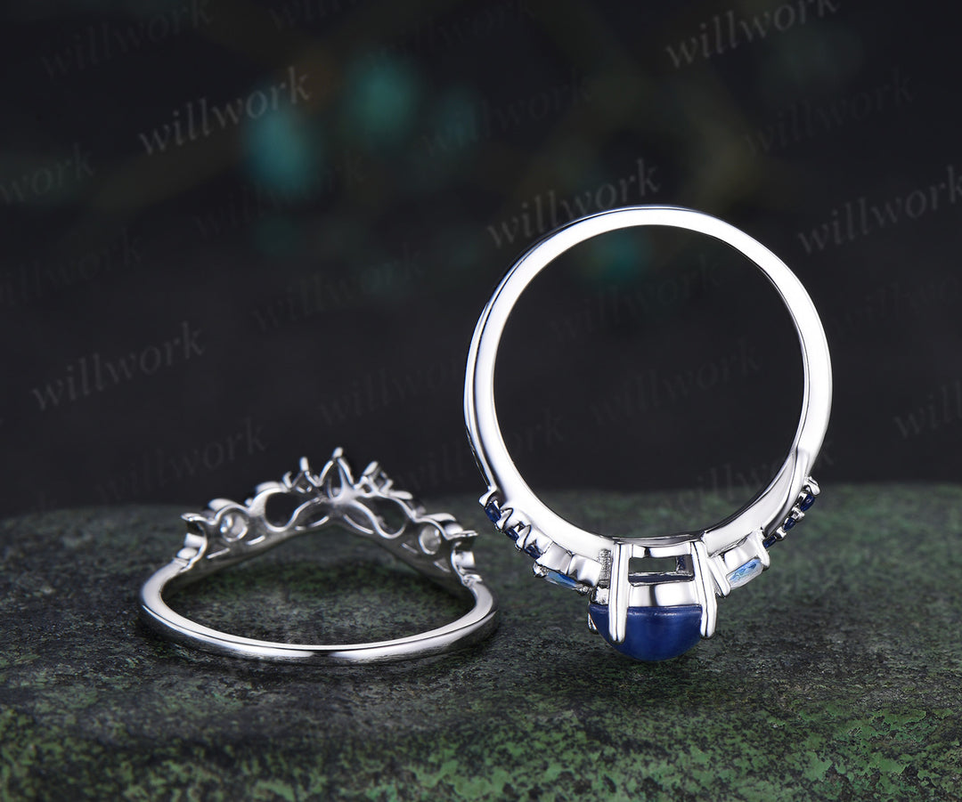 7mm round star sapphire engagement ring set moon star moonstone sapphire ring celtic knot wedding band bridal set