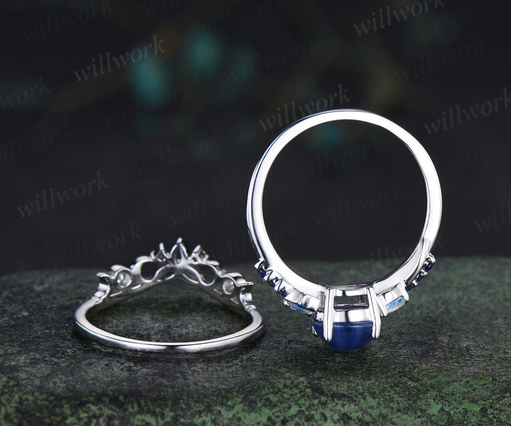 7mm round star sapphire engagement ring set moon star moonstone sapphire ring celtic knot wedding band bridal set