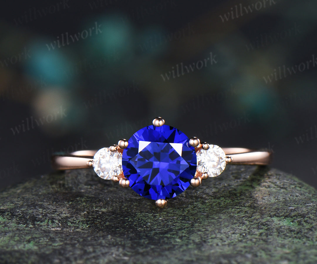 Round cut blue sapphire engagement ring set three stone sapphire moissanite promise ring curved wedding band minimalist bridal set