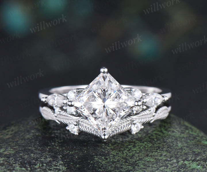 Vintage princess cut Lab grown diamond engagement ring set diamond accent leaf matching ring bridal set
