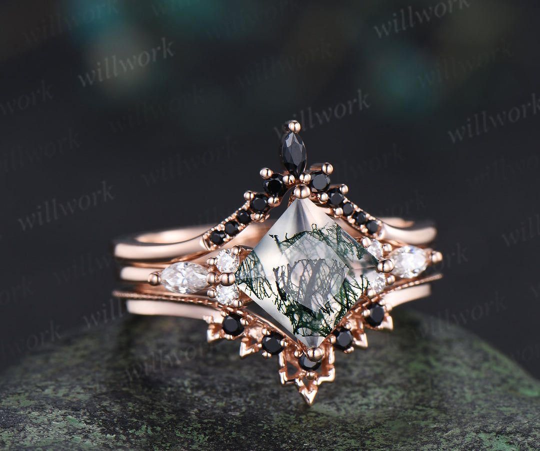Princess cut moss agate ring set green moss agate marquise moissanite ring unique black spinel band enhancer wrap enchanting bridal set