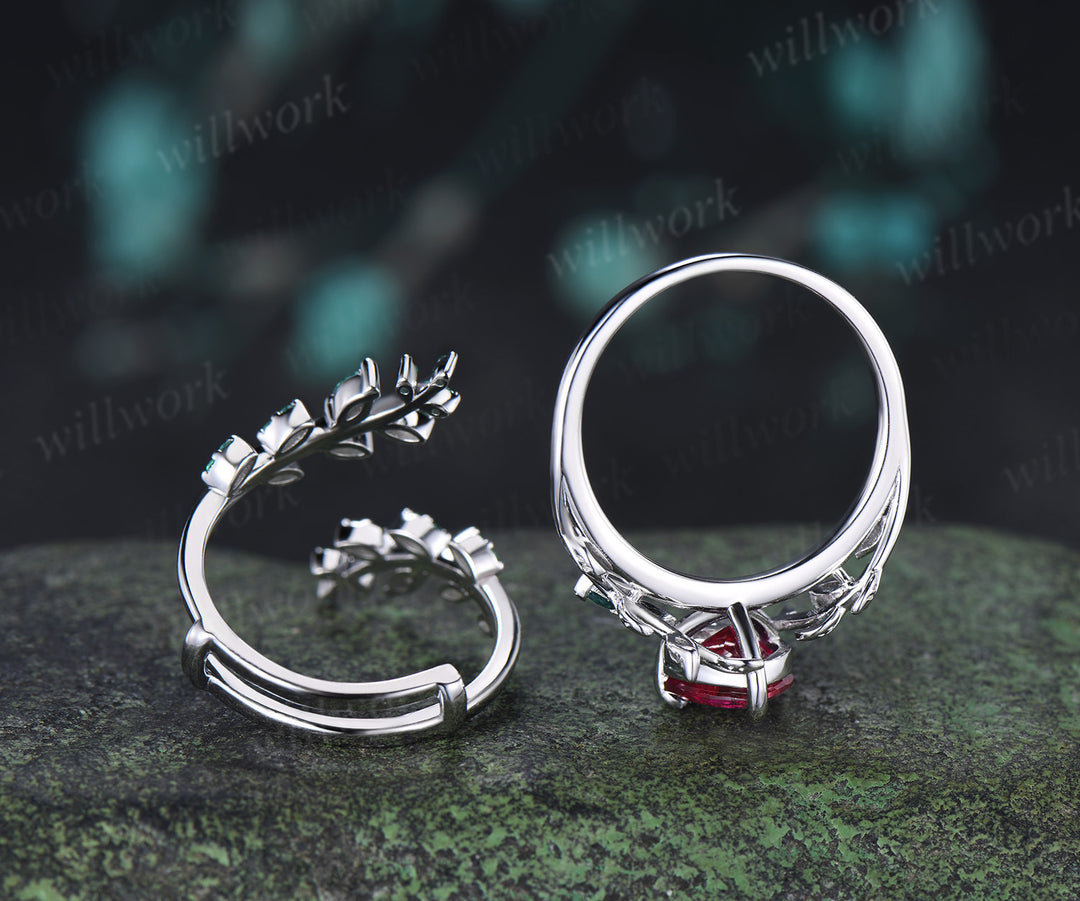 Heart Ruby Moss Agate Leaf Vine Ring Set Nature Twig Leaf Promise Ring Emerald Moss Agate Enhancer Band Unique Bridal Set