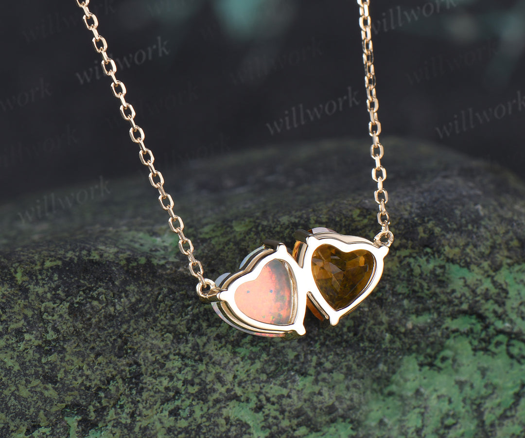 Heart Cut Citrine & Opal Toi Et Moi Necklace Minimalist Two Stones Pendant Gifts for Women