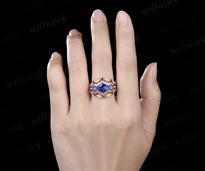 Hexagon cut sapphire halo moissanite engagement ring set art deco garnet moissanite wedding band vintage bridal set