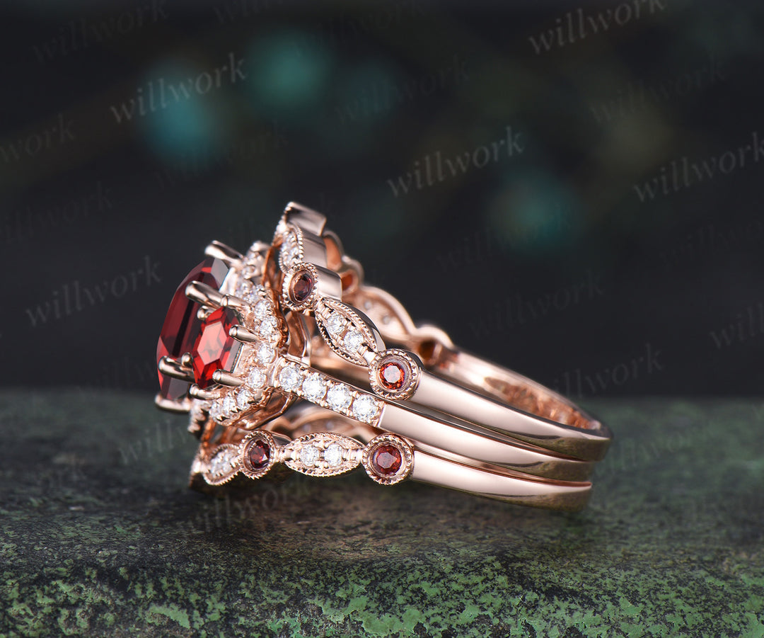 Hexagon cut garnet halo moissanite engagement ring set art deco garnet moissanite wedding band unique bridal set