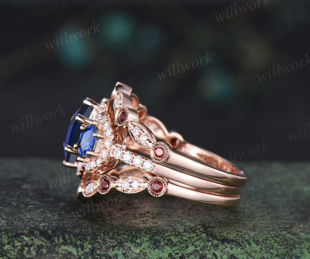 Hexagon cut sapphire halo moissanite engagement ring set art deco garnet moissanite wedding band vintage bridal set