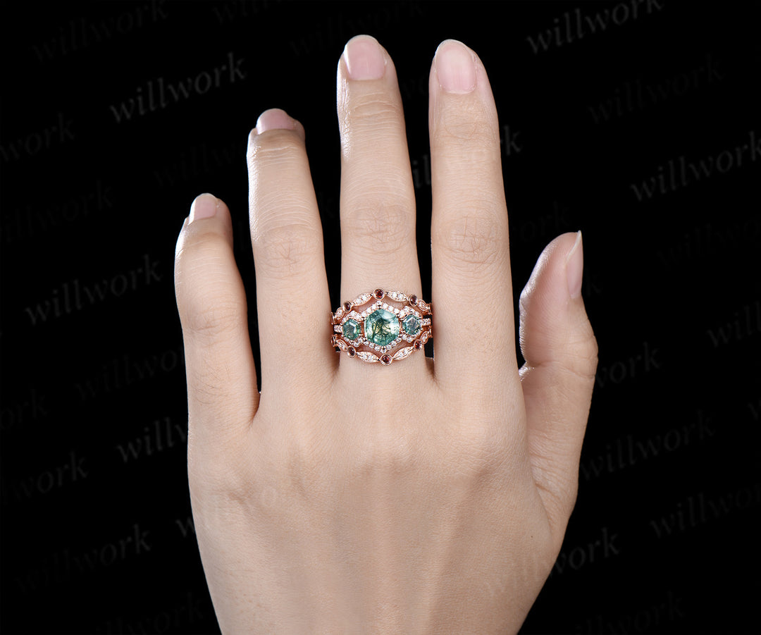 Vintage hexagon cut moss agate halo moissanite ring set art deco garnet moissanite wedding band unique bridal set