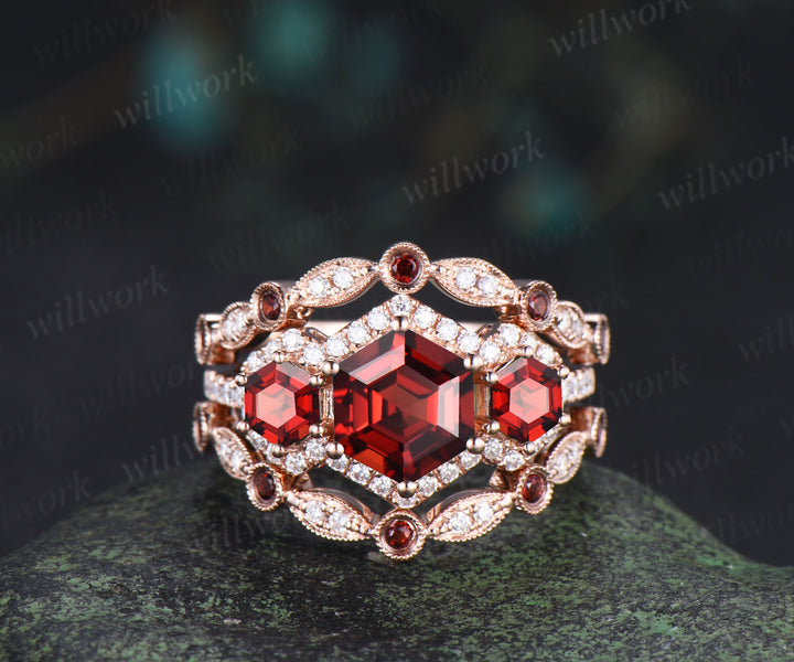Hexagon cut garnet halo moissanite engagement ring set art deco garnet moissanite wedding band unique bridal set