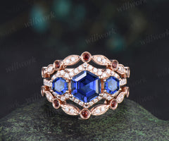 Hexagon cut sapphire halo moissanite engagement ring set art deco garnet moissanite wedding band vintage bridal set