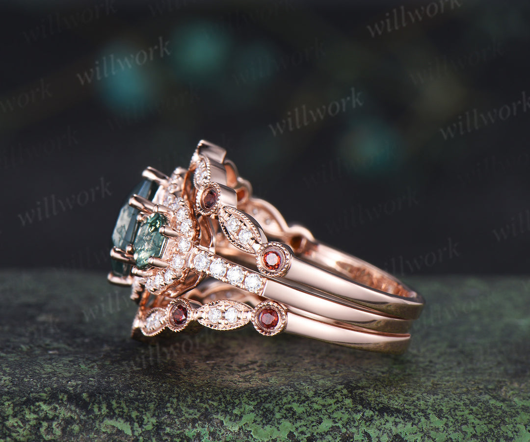 Vintage hexagon cut moss agate halo moissanite ring set art deco garnet moissanite wedding band unique bridal set