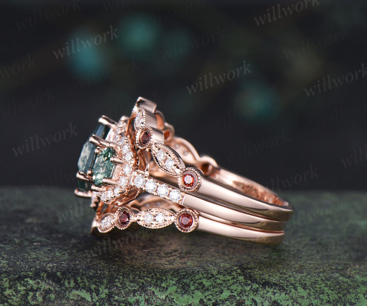 Vintage hexagon cut moss agate halo moissanite ring set art deco garnet moissanite wedding band unique bridal set