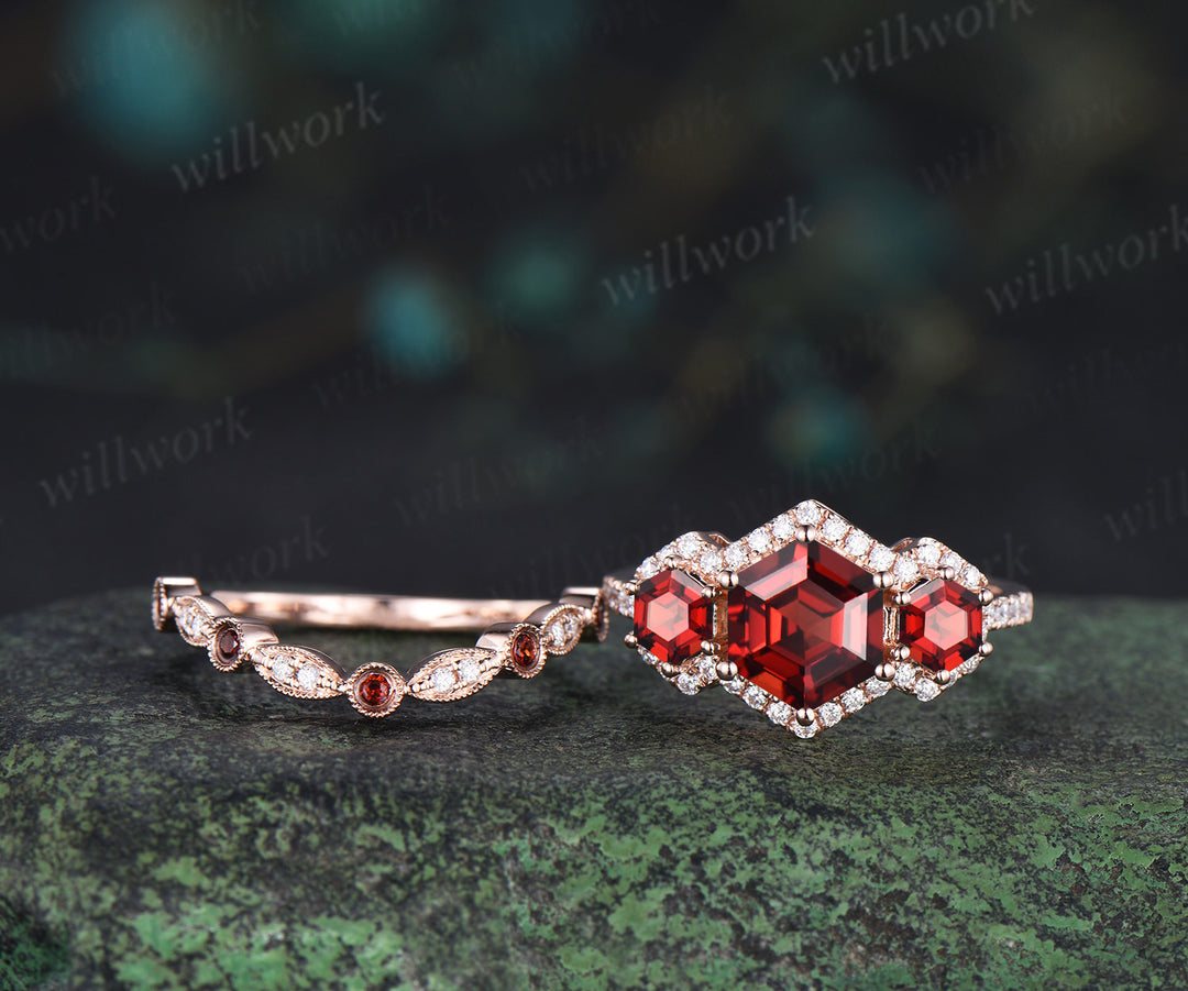 Hexagon cut garnet halo moissanite engagement ring set art deco garnet moissanite wedding band unique bridal set