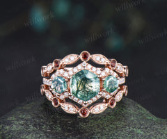 Vintage hexagon cut moss agate halo moissanite ring set art deco garnet moissanite wedding band unique bridal set