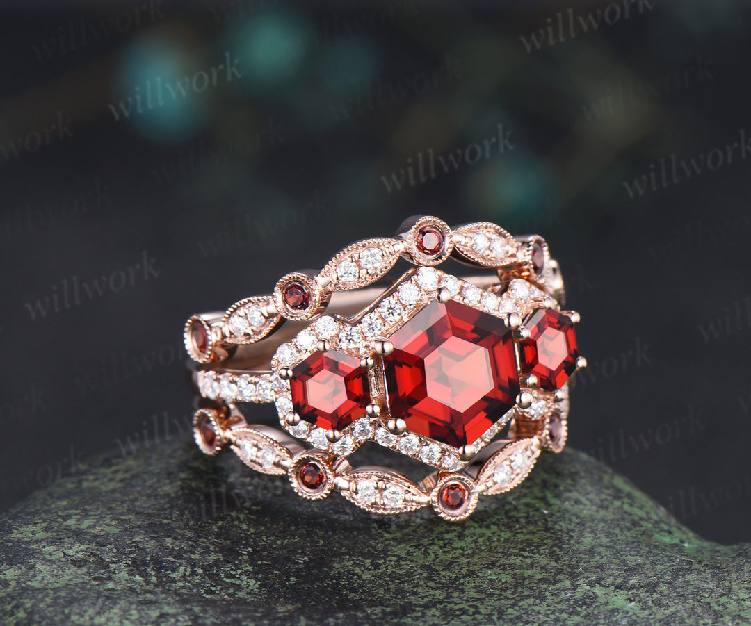 Hexagon cut garnet halo moissanite engagement ring set art deco garnet moissanite wedding band unique bridal set