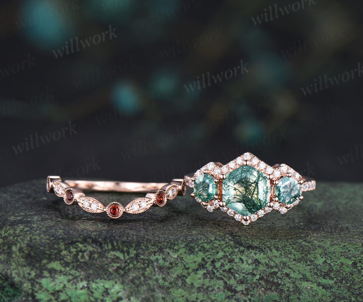 Vintage hexagon cut moss agate halo moissanite ring set art deco garnet moissanite wedding band unique bridal set