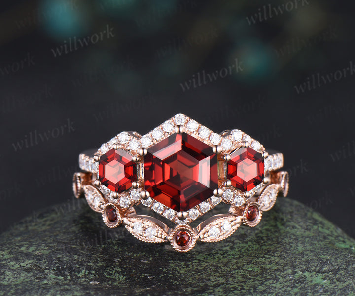 Hexagon cut garnet halo moissanite engagement ring set art deco garnet moissanite wedding band unique bridal set