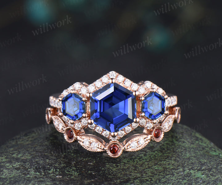Hexagon cut sapphire halo moissanite engagement ring set art deco garnet moissanite wedding band vintage bridal set