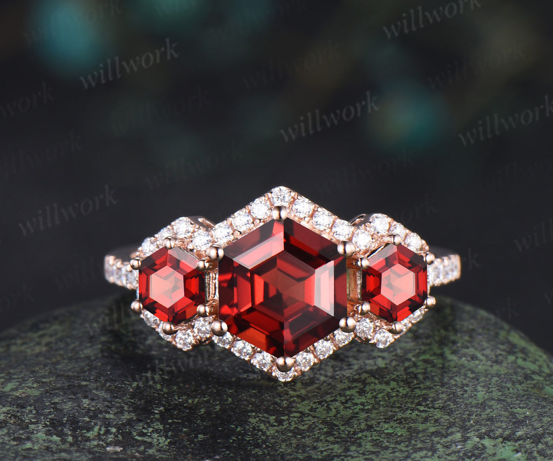 Hexagon cut garnet halo moissanite engagement ring set art deco garnet moissanite wedding band unique bridal set