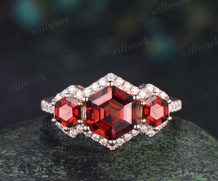 Hexagon cut garnet halo moissanite engagement ring set art deco garnet moissanite wedding band unique bridal set