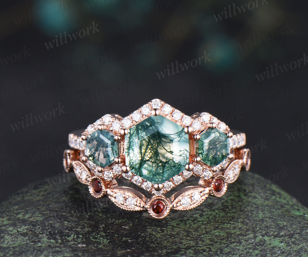 Vintage hexagon cut moss agate halo moissanite ring set art deco garnet moissanite wedding band unique bridal set