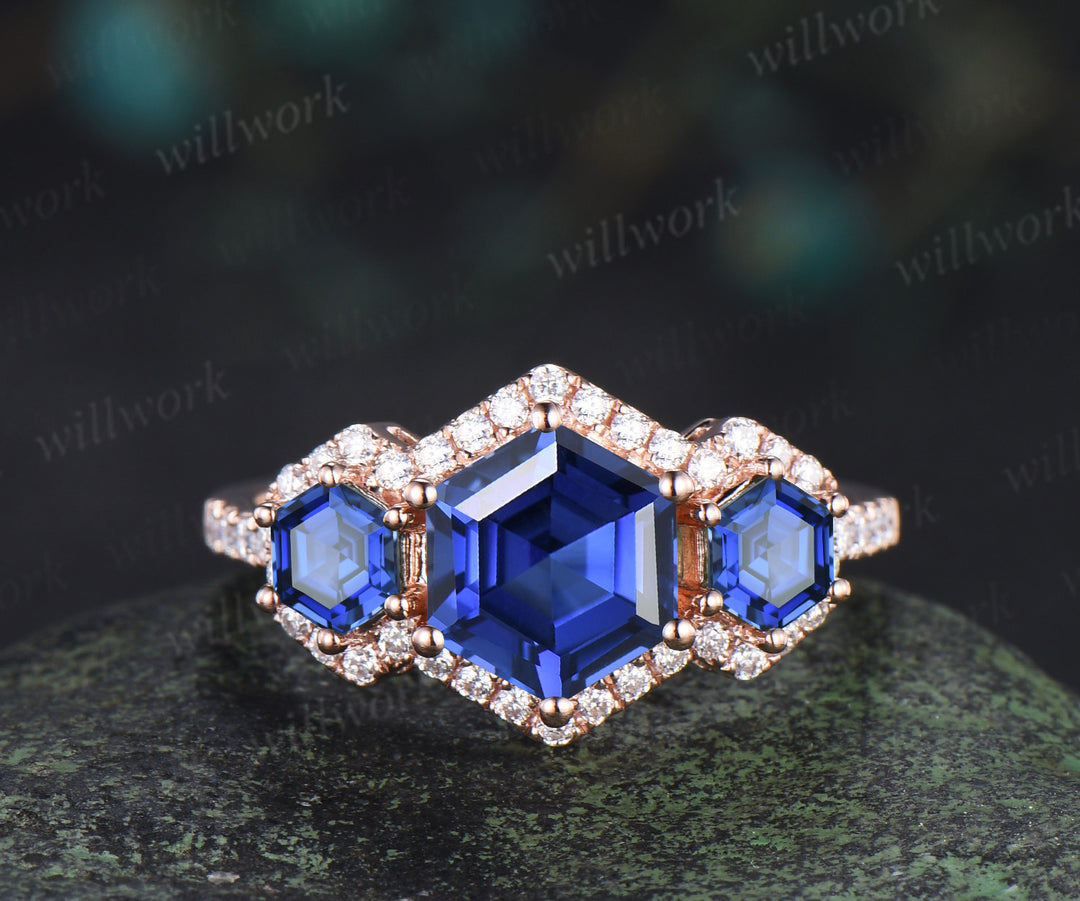 Hexagon cut sapphire halo moissanite engagement ring set art deco garnet moissanite wedding band vintage bridal set