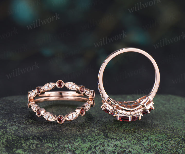 Hexagon cut garnet halo moissanite engagement ring set art deco garnet moissanite wedding band unique bridal set