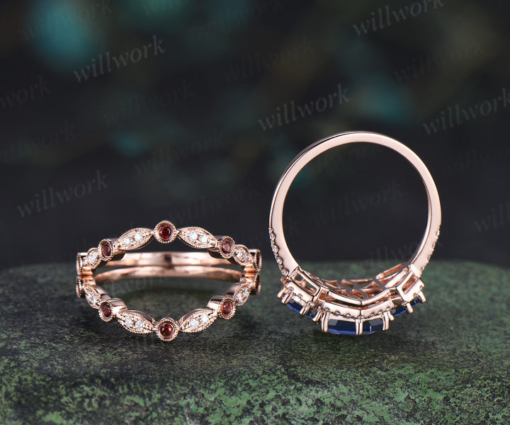 Hexagon cut sapphire halo moissanite engagement ring set art deco garnet moissanite wedding band vintage bridal set