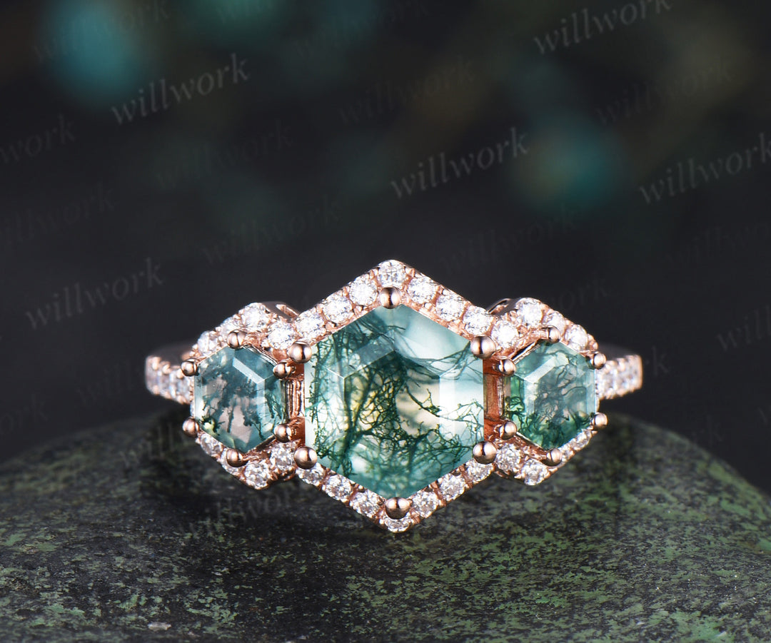 Vintage hexagon cut moss agate halo moissanite ring set art deco garnet moissanite wedding band unique bridal set
