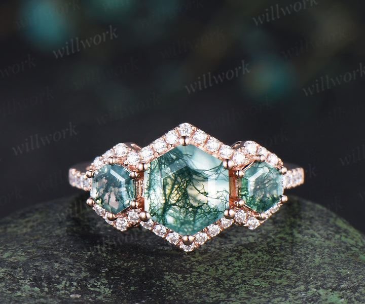 Vintage hexagon cut moss agate halo moissanite ring set art deco garnet moissanite wedding band unique bridal set