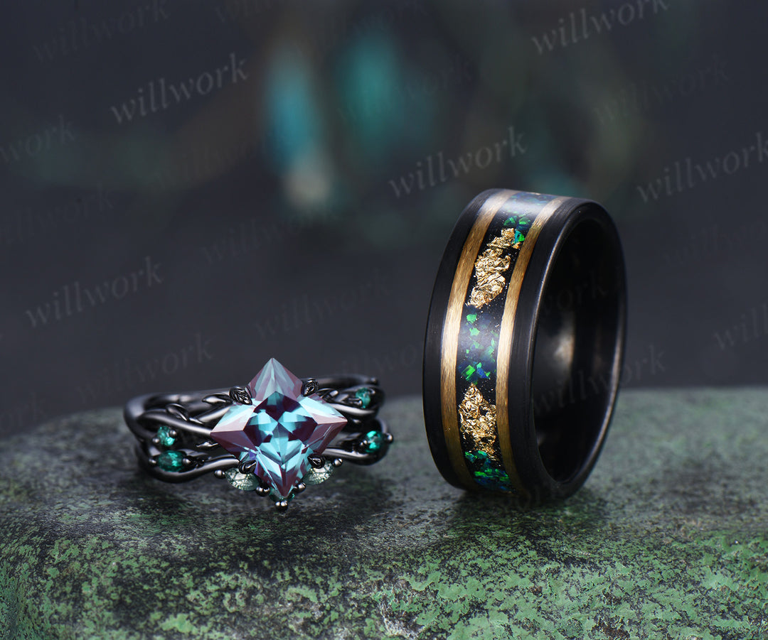 Vintage Princess Cut Alexandrite Twig Leaf Ring Set& Tungsten Black Opals Gold Flakes Men’s Band Couple Ring Set