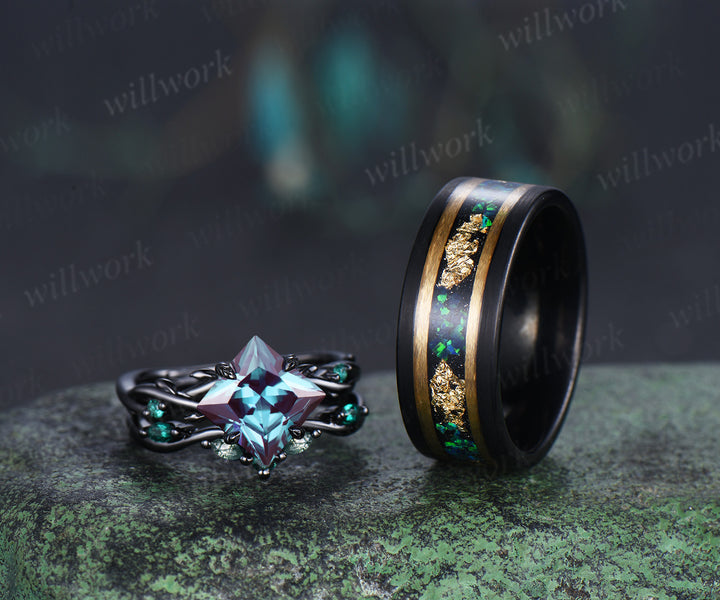 Vintage Princess Cut Alexandrite Twig Leaf Ring Set& Tungsten Black Opals Gold Flakes Men’s Band Couple Ring Set