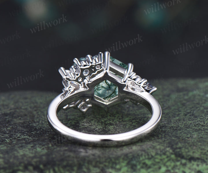 Hexagon cut natural moss agate engagement ring cluster alexandrite marquise moissanite promise wedding ring