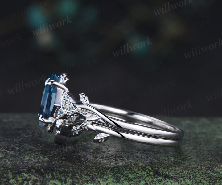 Princess cut London blue topaz engagement ring set art deco alexandrite celtic knot leaf twig ring unique bridal set