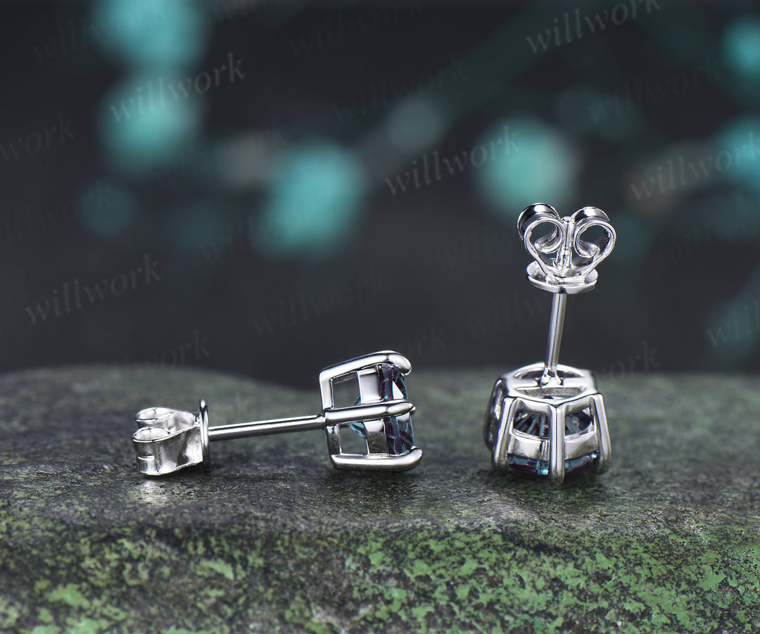 Round Fireworks Cut Alexandrite Stud Earrings Claw Prong Solitaire Minimalist Earrings Color Change Gem Jewelry