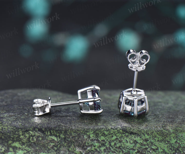 Round Fireworks Cut Alexandrite Stud Earrings Claw Prong Solitaire Minimalist Earrings Color Change Gem Jewelry